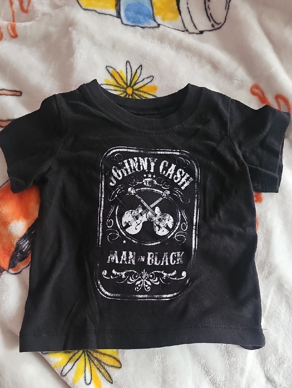 Black Kids Short Sleeve Tee with White Johnny Cash Graphic